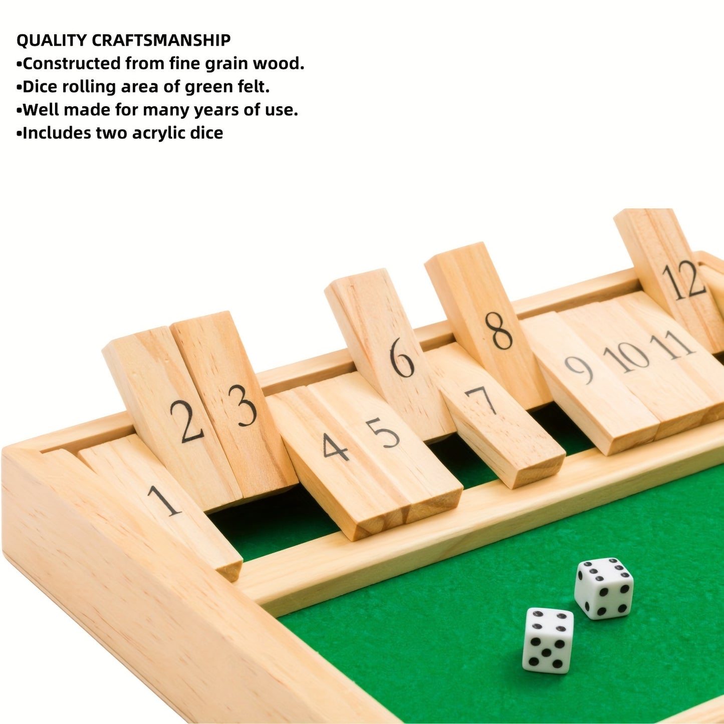 Tafelbladversie houten shut the box met 2 houten dobbelstenen