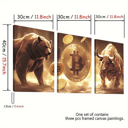3-delige Bitcoin Bull And Bear Art Set